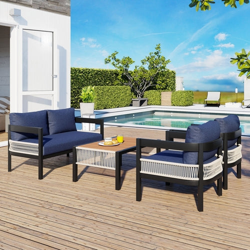 Multi-person Outdoor Iron Sofa Set with A table, Rattan Decoration,