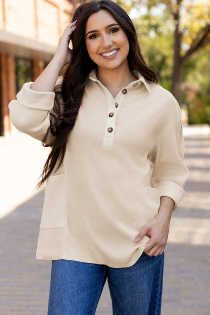 Pink Waffle Long Sleeve Collared Half Button Relaxed Fit Top