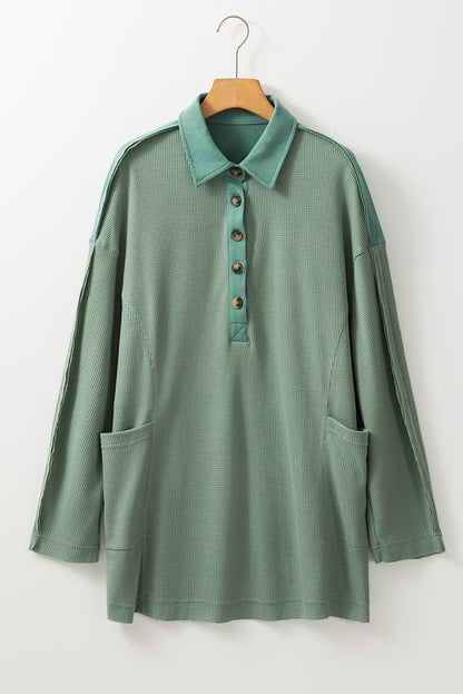 Pink Waffle Long Sleeve Collared Half Button Relaxed Fit Top