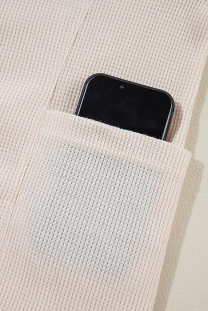 Pink Waffle Long Sleeve Collared Half Button Relaxed Fit Top
