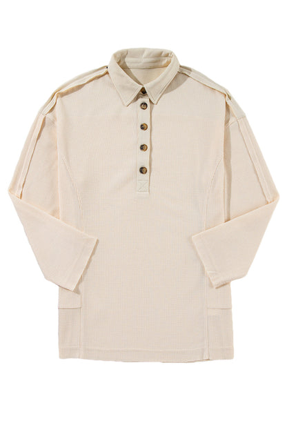 Pink Waffle Long Sleeve Collared Half Button Relaxed Fit Top