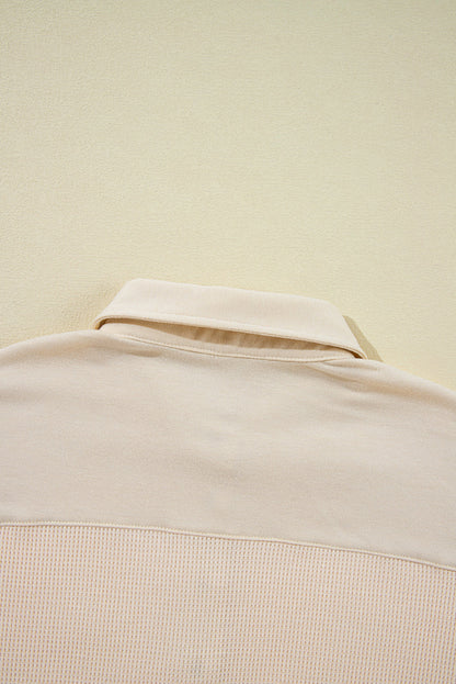 Pink Waffle Long Sleeve Collared Half Button Relaxed Fit Top
