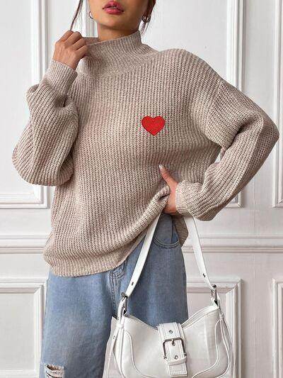 Heart Turtleneck Dropped Shoulder Long Sleeve Sweater for Women
