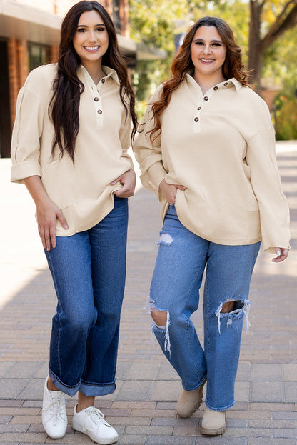 Pink Waffle Long Sleeve Collared Half Button Relaxed Fit Top