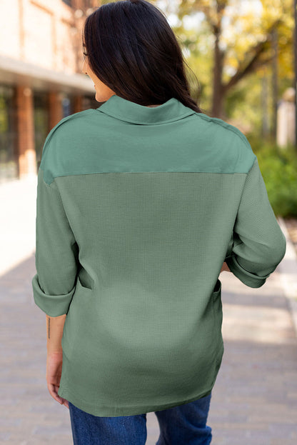 Pink Waffle Long Sleeve Collared Half Button Relaxed Fit Top