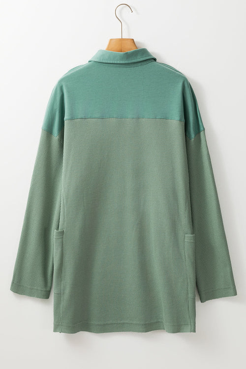 Pink Waffle Long Sleeve Collared Half Button Relaxed Fit Top