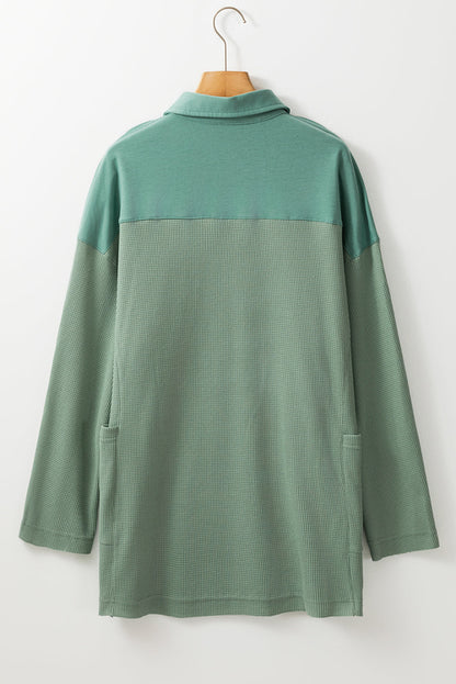 Pink Waffle Long Sleeve Collared Half Button Relaxed Fit Top