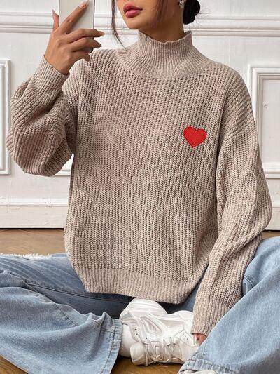 Heart Turtleneck Dropped Shoulder Long Sleeve Sweater for Women