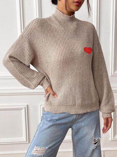 Heart Turtleneck Dropped Shoulder Long Sleeve Sweater for Women