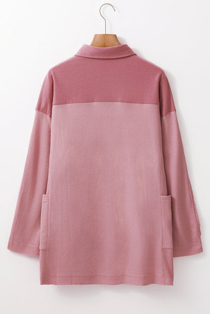 Pink Waffle Long Sleeve Collared Half Button Relaxed Fit Top