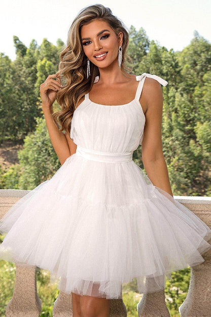 Elegant Tie-Shoulder Mesh Dress with Lace Detail