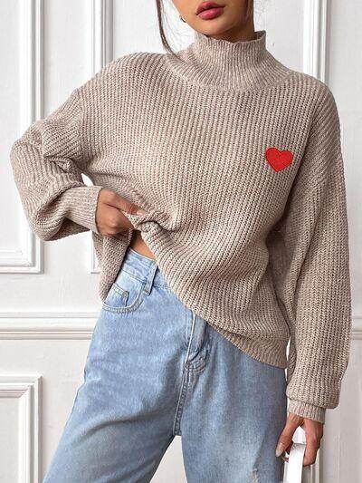 Heart Turtleneck Dropped Shoulder Long Sleeve Sweater for Women